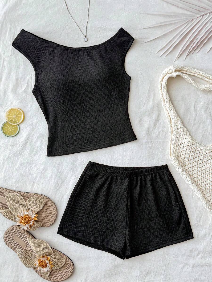 Bộ 2 món dành cho thiếu nữ, gồm áo thun dệt kim kẻ sọc lệch vai và quần short skinny cạp siêu thấp, thích hợp cho các dịp lễ, tiệc tùng, Giáng sinh, Ngày Valentine, hẹn hò, đi biển, du thuyền, lễ hội hóa trang, lễ Phục sinh. - màu đen - Xem 1