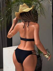 Swim SXY 1件纯黑色针织露背系带侧抽绳女士连体泳衣 - 黑色 - 查看 2