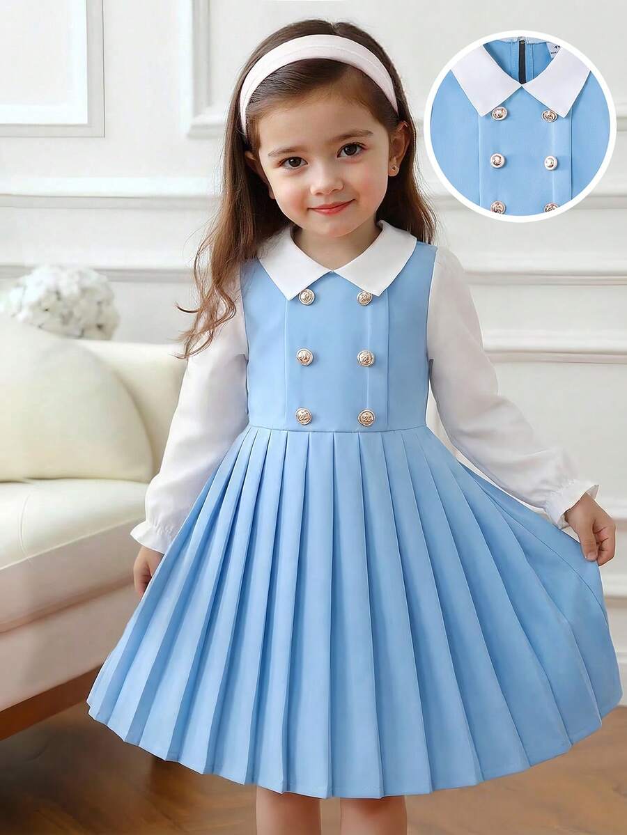 SHEIN Elladie kids 女童藏蓝色彼得潘领双排扣褶裥下摆长袖两用连衣裙,适合休闲、优雅、可爱日常、通勤和上学穿着。 - 淺藍色 - 查看 1