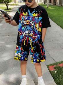 SHEIN 2件套青少年男童彩色泼墨图案游戏T恤和口袋短裤套装，夏季 - 彩色 - 查看 4