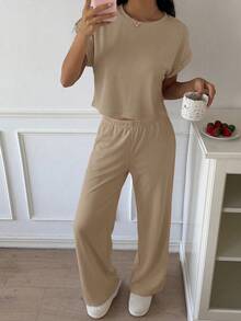 SHEIN EZwear Conjunto de punto informal de color caqui para mujer, primavera/verano - Caqui - Ver 6