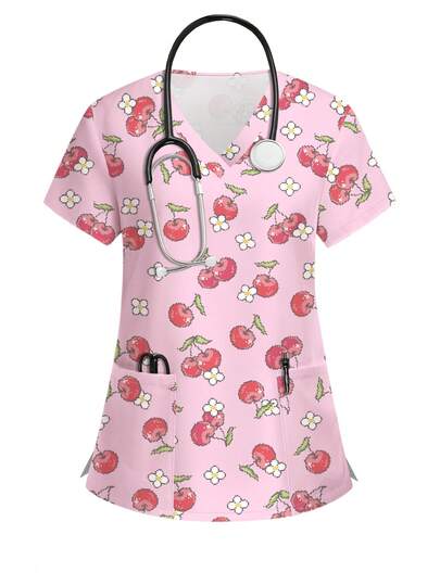 PopScrub 樱桃与花卉像素印花护士服上衣，V领短袖手术服衬衫，时尚医护工作服，适合日常穿着，樱桃主题服装