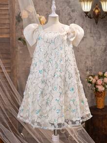 SHEIN 少女纯色网纱刺绣泡泡袖休闲连衣裙 - 彩色 - 查看 3