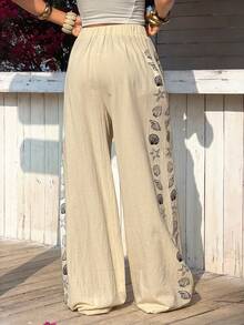 Muchica Women's Casual Seashell Print Loose Pants, Vacation Style - Apricot - View 2