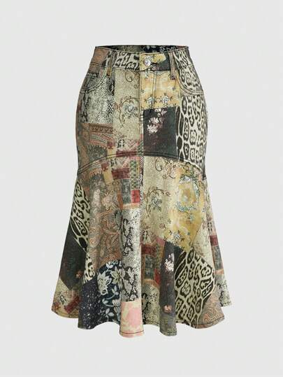 ROMWE Grunge Punk Vintage Leopard & Floral Print Super Low Waist Bodycon Fishtail Denim Mini Skirt For Women