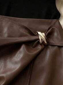 SHEIN Holidaya Fashionable New High Collar Sleeveless Slim Fit Tank Top + Shiny Leather Asymmetrical Hem High Waist Bodycon Skirt, Spring/Summer Two Pieces Set - Black - View 4