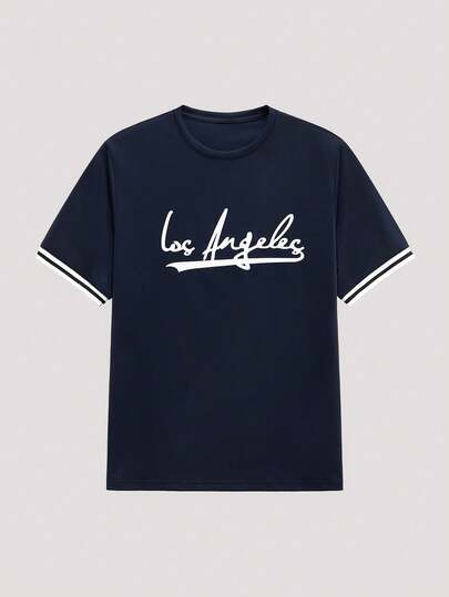 Open Phase 男士洛杉矶字母印花修身休闲短袖 T 恤，适合外出