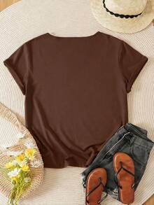 EMERY ROSE Plus Size Women Summer Casual V-Neck T-Shirt - Brown - View 2