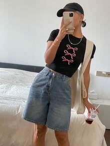 Livesso Quần short denim nữ dáng suông 5 điểm họa tiết râu mèo, kiểu dáng mùa hè. - Rửa trung bình - Xem 5