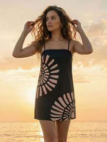 CAJUNI 夏季女士印花吊带短裙 - 黑色 - 查看 6