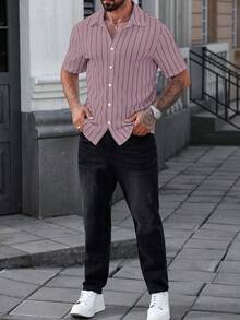 Manfinity CasualCool Men's Casual Striped Front Button Short Sleeve Shirt, Summer - Dusty Pink - View 4