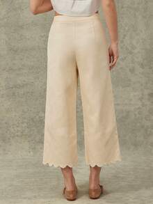 WESTFADE Women's 100 Cotton Pastal Floral Embroidered High-Rise Wide Leg Cropped Pant Scalloped Relaxed Boho Girlisim Western Wear For Autumn Vacation Golf - Apricot - View 5