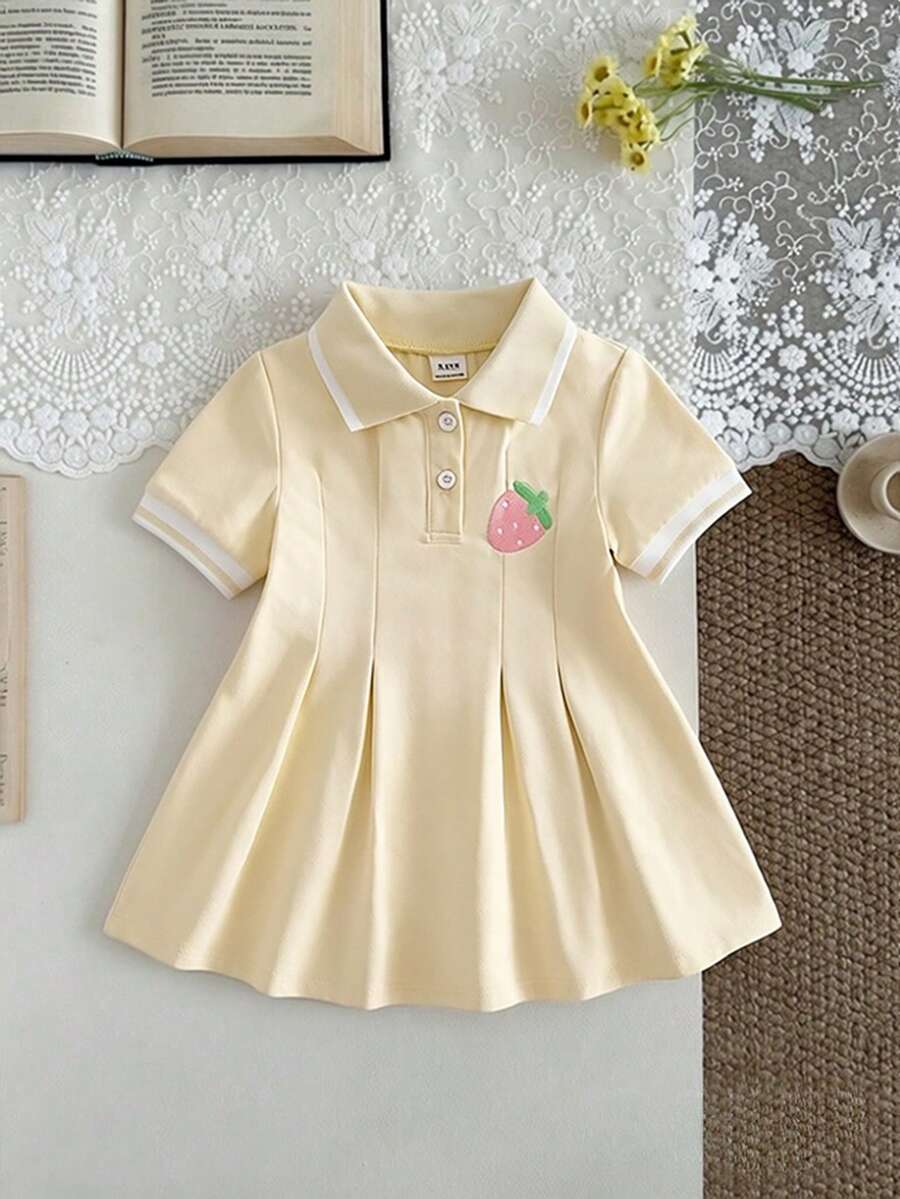 SHEIN 女婴白色休闲连衣裙,罗纹领口和袖口,适合休闲、户外、运动、派对等场合穿着。 - 黃色 - 查看 1