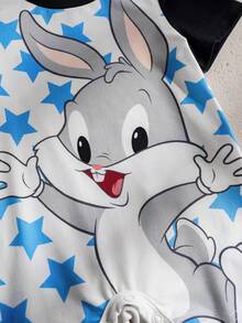 LOONEY TUNES X SHEIN 男宝宝夏季休闲可爱星星兔子印花短袖连体衣 - 黑與白 - 查看 4