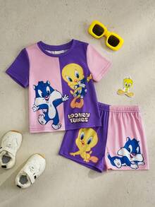 LOONEY TUNES X SHEIN Ensemble t-shirt à manches courtes et short pour bébé fille, style décontracté, imprimé de dessins animés en couleurs contrastées, col rond - Multicolore - Voir 1