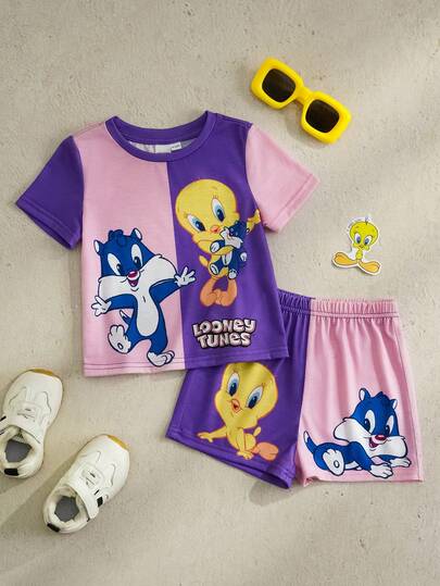 LOONEY TUNES X SHEIN 女婴夏季休闲撞色卡通印花圆领短袖T恤和短裤套装