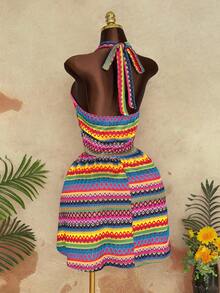 Sunspun Plus Size Spaghetti Strap Sexy Tropical Backless Dress - Multicolor - View 2