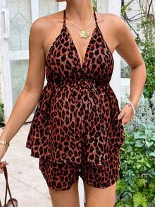 Lyckli Conjunto de 2 piezas de top halter sin espalda y shorts con estampado de leopardo para maternidad - Rojo - Ver 5