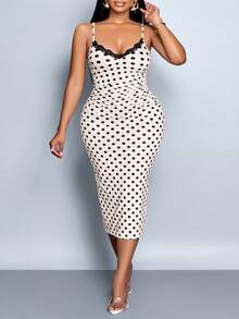 SOLERSUN 大码女装春夏优雅通勤复古性感商务老钱风休闲无袖V领情人节婚礼季派对假日音乐节黑色性感蕾丝吊带收腰显瘦超高腰臀比短袖遮臀白色波点中长连衣裙 - 杏色 - 查看 4