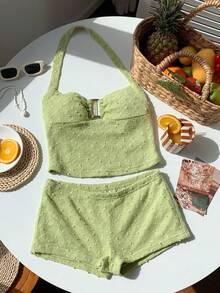 Comfortcana 女士纯色金属装饰吊带上衣和超短裤套装 - 薄荷綠 - 查看 4