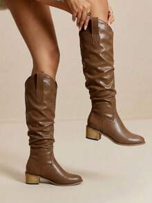 Daringsoles Botas de media pantorrilla de cuero de PU versátiles y de moda para uso diario de mujer - Marrón - Ver 5