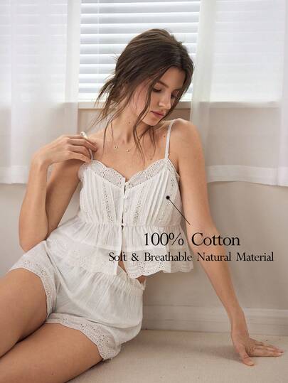 Ocili 女士休闲镂空刺绣吊带背心和短裤睡衣套装