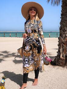 Swim Mulvari Middle Eastern Style Printed Chiffon Dress, Women's 3 Pieces Set Including Long Sleeve Burkini, Summer - Multicolor - View 1