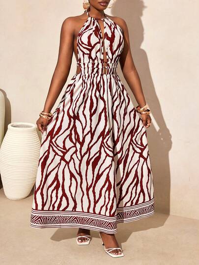 BamGleam 女士休闲露背印花吊带连衣裙，适合度假