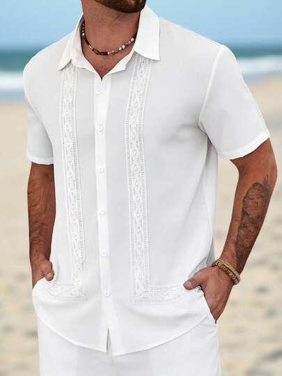 VENTUSAIL Men's Summer Casual Beach Vacation Contrast Lace Short Sleeve White Shirt White Beach Outfit For Men Men's Lace Shirt Men's White Shirt Guayabera Shirt White Guayabera Shirt Old Money,Daily Leisure, Weekend Trips, Outdoor Activities, Travel Expeditions, Relaxed Work Environments Or Semi-Formal Occasions, Boyfriend/Husband Gift, Anniversary /Birthday Gift Party Summer Vacation Holiday,Wedding,Spring To Summer Men Cruise Outfit Yacht Outfit Men Men Beach Outfit Set