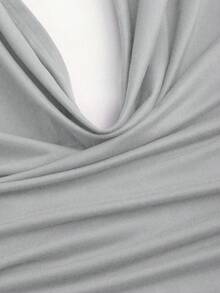 Sweetra Women's Solid Color Plunging Neck Backless Halter Top & Side Slit Skirt Set - Light Grey - View 5