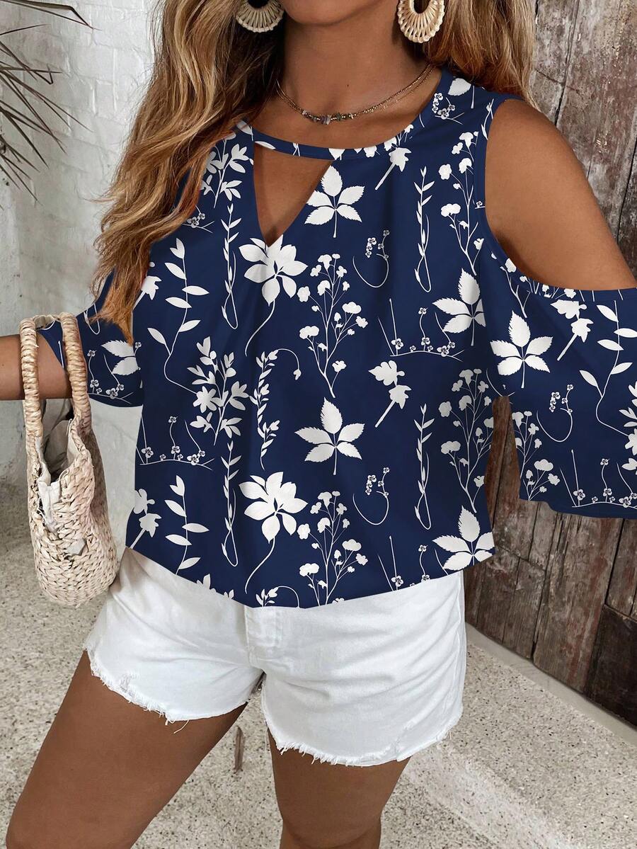 EMERY ROSE Plus Size Women Floral Print Off-Shoulder Casual Versatile Daily Wear Shirt - Multicolor - View 1