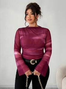 Elenzga 大码女式复古优雅修身褶皱渐变印花透视网纱弹力长袖打底T恤衫上衣，女士春秋服装女装女式长袖上衣 - 玫紅色 - 查看 5