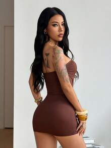 Coolane 女士春夏演唱会穿搭 Y2K 街头风休闲优雅约会之夜性感弹力抹胸无袖迷你连衣裙 - 棕色 - 查看 6