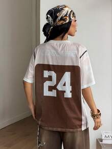 Coolane 女士春夏节日复古街头运动迷彩数字印花棒球衫T恤 - 杏色 - 查看 2