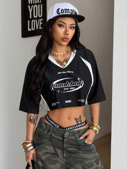 Coolane Áo thun crop top nữ mùa hè phong cách lễ hội Rave Brazil, thời trang đường phố Y2K, đồ thể thao, họa tiết Brazil, phối nhiều mảnh vải.