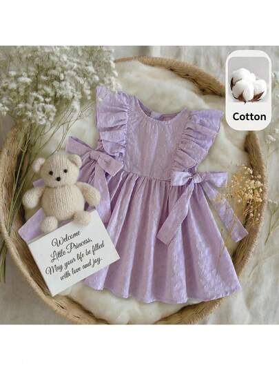 Loomiva Baby Girl Solid Color Peter Pan Collar Short Sleeve Cinching Waist Dress, Versatile & Comfortable