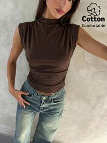 Aloruh 女士休闲优雅纯棉T恤，夏季上衣，短款T恤，日常外套，棕色T恤 - 棕色 - 查看 6