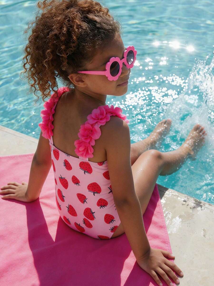 Maija Kids Maija Kids 1pc Young Girls' Casual Elegant Vacation Fitted Cute Strawberry Print Camisole Swimsuit, Suitable For Pool, Beach, Seaside, Beach Party, Spring & Summer - Pink - View 1