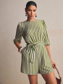 Poéselle Women's Summer Casual Woven Striped Lantern Sleeve Jumpsuit - Mint Green - View 4