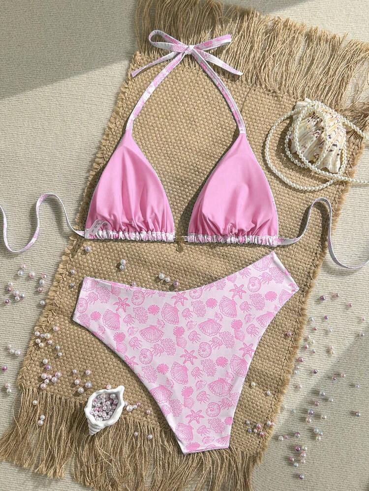 Swim Mod Plus Size Women's Shell Print Sweet Beach Vacation Bikini Set - Pink - View 2