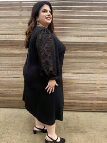 Enliva Plus Size Women's Mesh Contrast Black Elegant Black Mother's Day Dress Spring Outfits For Women, For Apple Rounded Body Shape - Black - View 3
