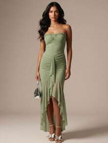 SHEIN Glamour 女士绿色网纱针织露脐抹胸连衣裙，荷叶边下摆，女士绿色性感度假派对时尚连衣裙，开衩连衣裙 - 綠色 - 查看 11