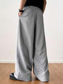 TOKVUE Pantalones grises casuales de pierna ancha y plisados para hombres - Gris Claro - Ver 2