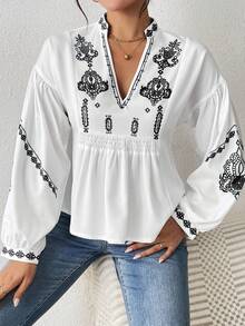 SHEIN LUNE Women's Shirred Graphic Print Long Sleeve Button Shirt Peplum Top - Black - View 6