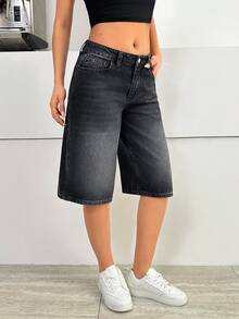 SHEIN Quần jean ngắn cạp thấp màu đen, kiểu dáng đường phố, dài đến dưới đầu gối. - màu đen - Xem 6