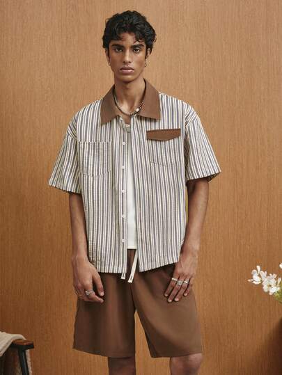 TOKVUE 男士休闲条纹短袖衬衫短裤套装，适合日常通勤