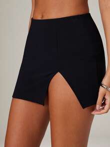 Hauture Women's Ottoman Stretch Rib Skirt With Slit - Black - View 6