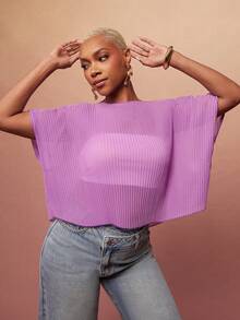 Vixey Áo tay ngắn dáng suông, xếp ly mỏng bằng vải chiffon. - Màu tím hoa cà - Xem 3