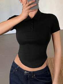 DAZY Women's Black Polo Shirt Basic Tee, Elegant For Music Festival, Valentine's Day, Wedding, Casual, Commute, Spring/Summer - Black - View 8