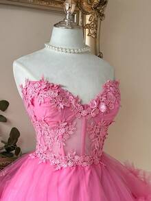 Lovelzi Elegant Lace & Satin Patchwork Handmade Embroidered Applique Waist Cutout Fitted Short Dress, Suitable For Dates, Singles Parties, Galas, Balls - Pink - View 2